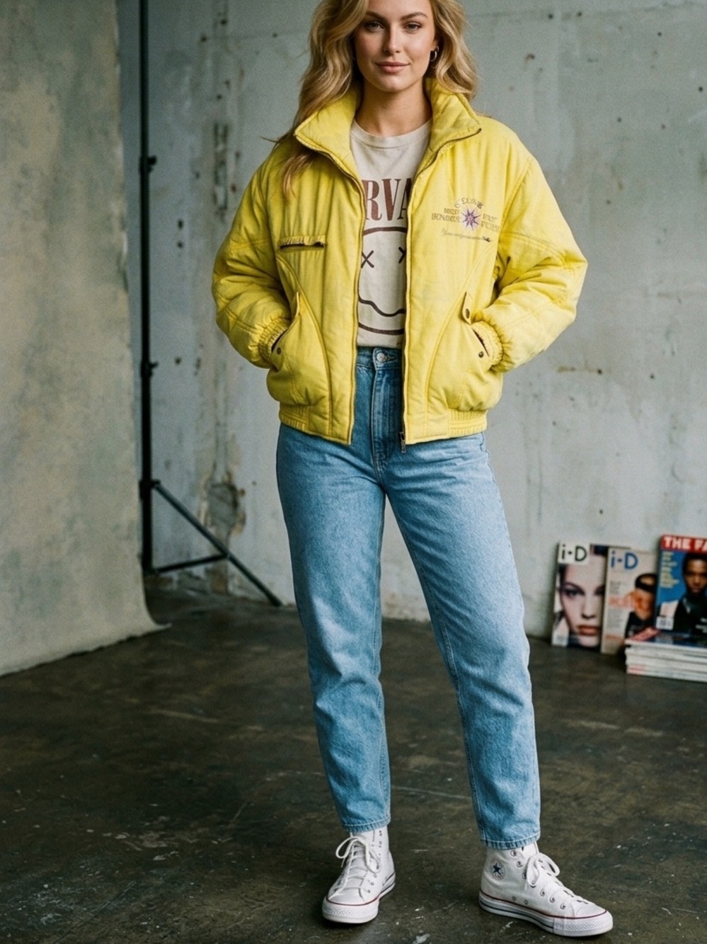 Vintage Ellesse The Hundred First Pictures Yellow Puffer Ski Jacket Size L RARE